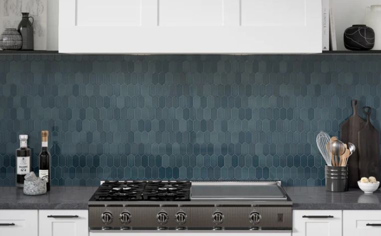 blue mosaic tile backsplash in kitchen